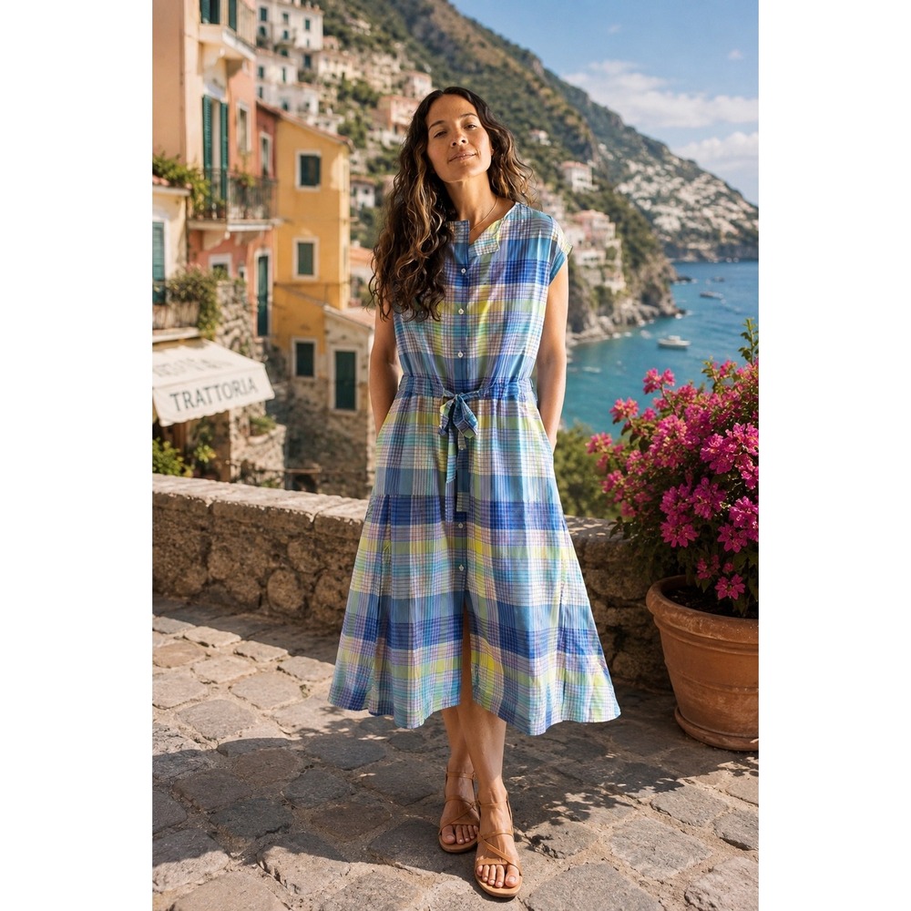 Mii Collection Plaid Midi Dress XS Blue Green Cotton Handmade Artisanal Bohemian